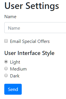 User Settings 
Name 
Name 
Email Special Offers 
User Interface Style 
Light 
O 
Medium 
O 
Dark 
Send 