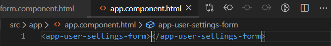 form.component.html 
app.componenthtml X 
src > app > app.component.html > app-user-settings-form 
<app -u ser- settings -form>E/ app - user - settings -form} 
1 